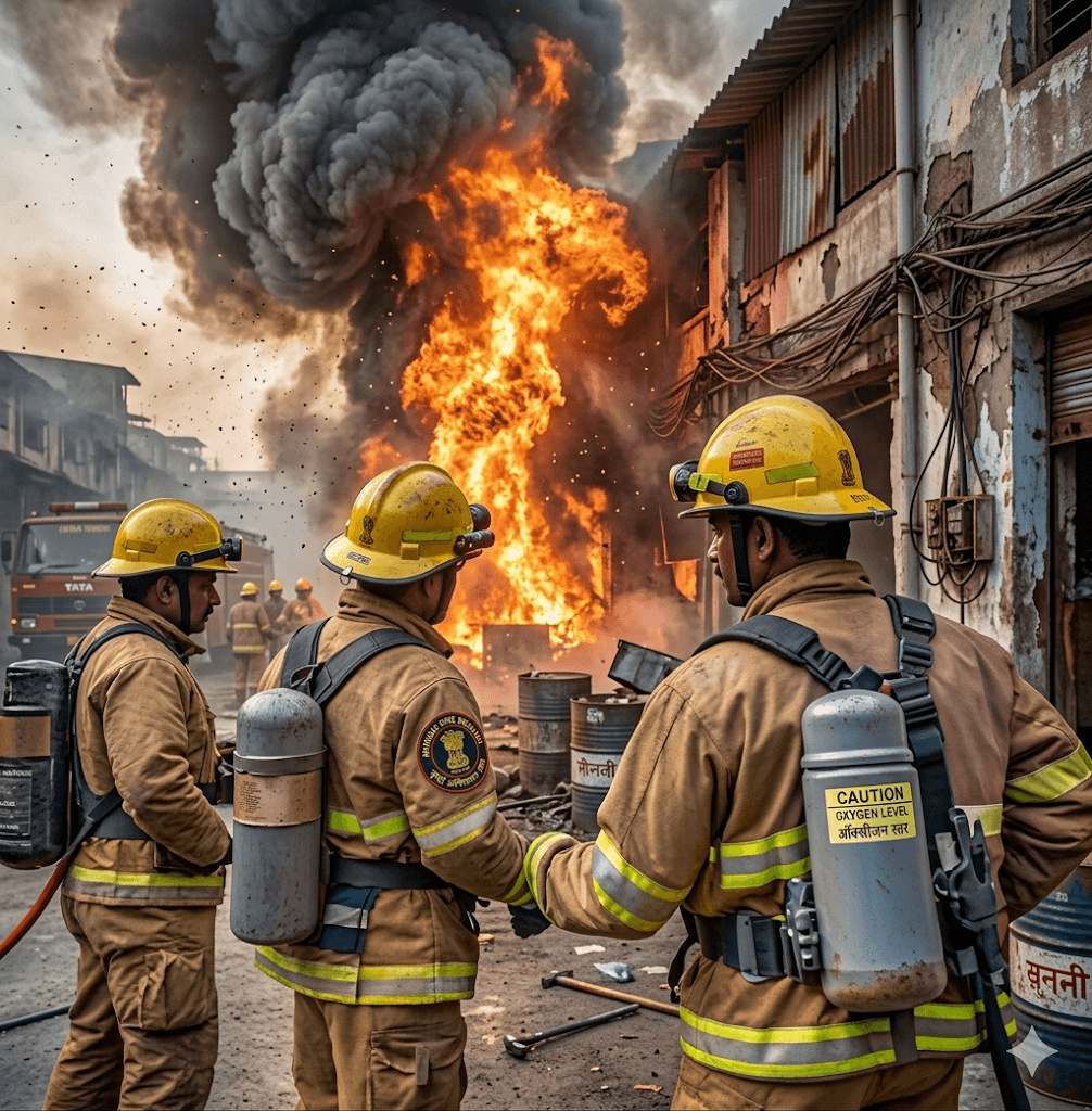 Firefighters assessing a fire